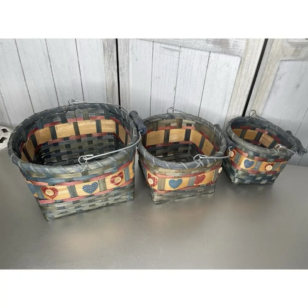 Vintage Heart Motif Wicker Basket With Handle Rustic Set Of 3 Nesting